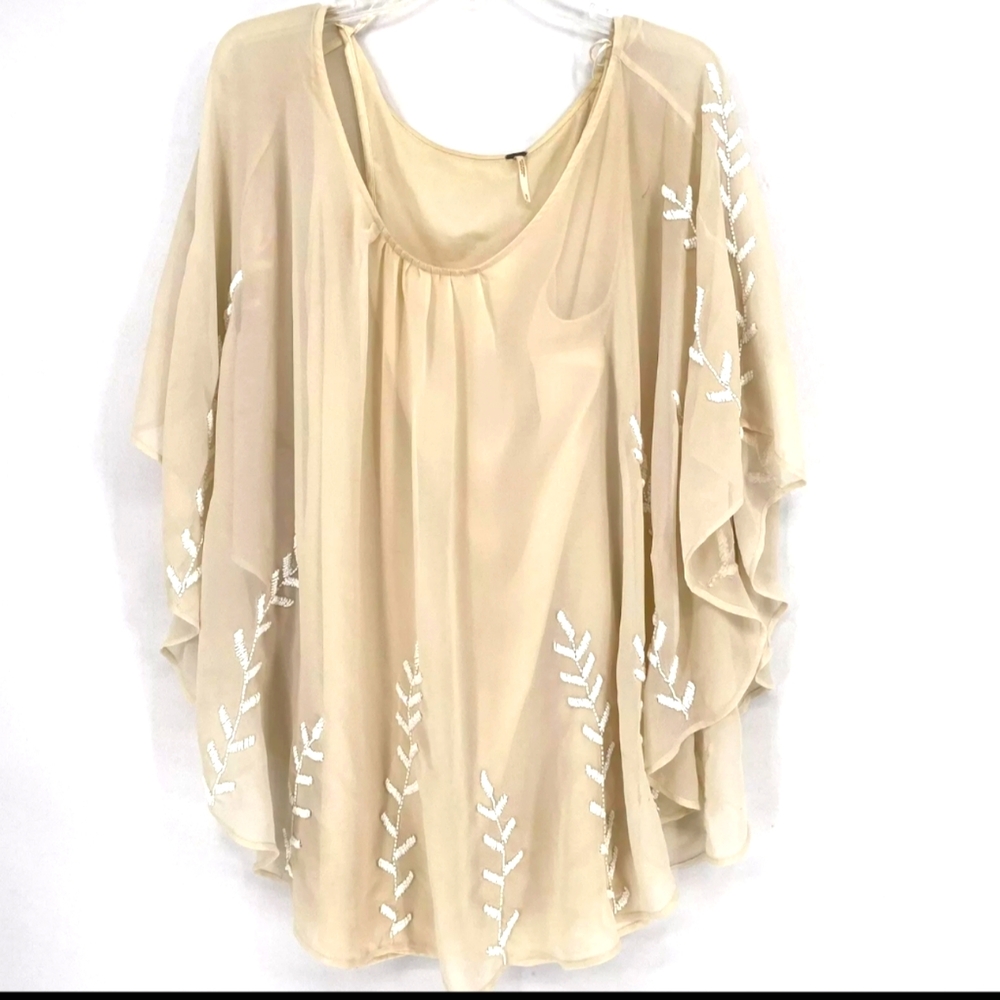 Free People Beaded Pointed Cape Drape Mini Dress Chiffon Cream Nude